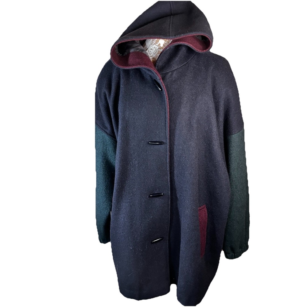 Vtg 90's Wool Coat W/ Hood Color Block New York Girl Sz 24 1/2 Womens Cozy